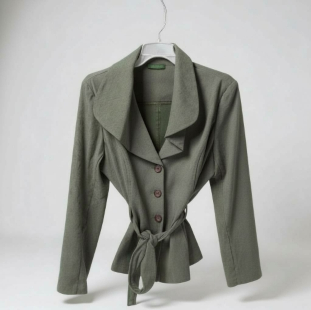 Gray Button Down Belted Lightweight Blazer Jacket spinach GREEN Laura Scott